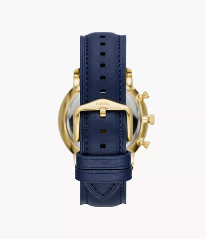 Fossil Neutra Chronograph Quartz Men’s Watch FS5790 – 44mm Blue Dial, Yellow Gold-Tone Bezel, Blue Leather Strap, Date Display, 30M Water Resistance