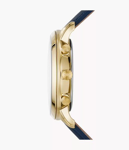 Fossil Neutra Chronograph Quartz Men’s Watch FS5790 – 44mm Blue Dial, Yellow Gold-Tone Bezel, Blue Leather Strap, Date Display, 30M Water Resistance