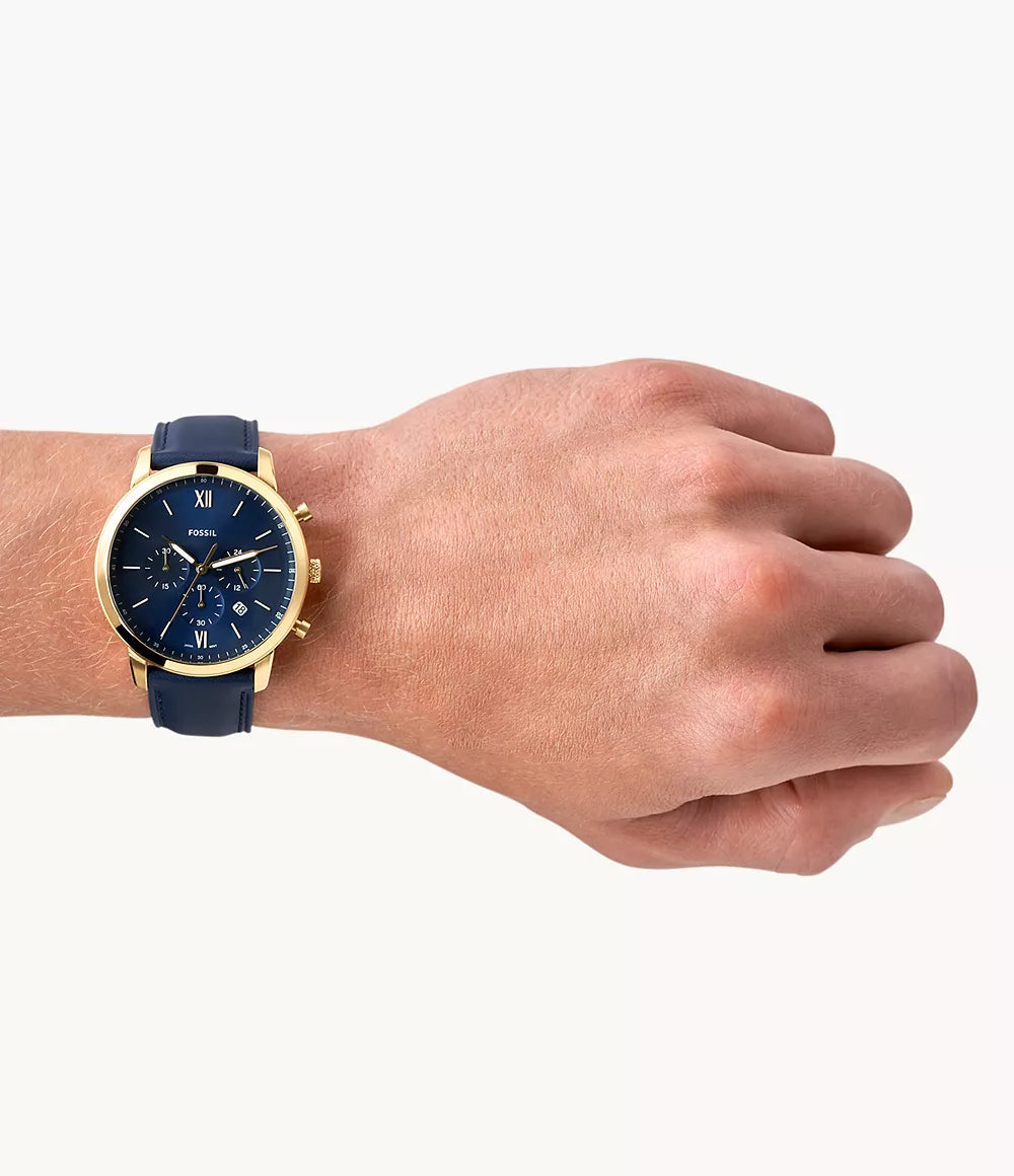 Fossil Neutra Chronograph Quartz Men’s Watch FS5790 – 44mm Blue Dial, Yellow Gold-Tone Bezel, Blue Leather Strap, Date Display, 30M Water Resistance