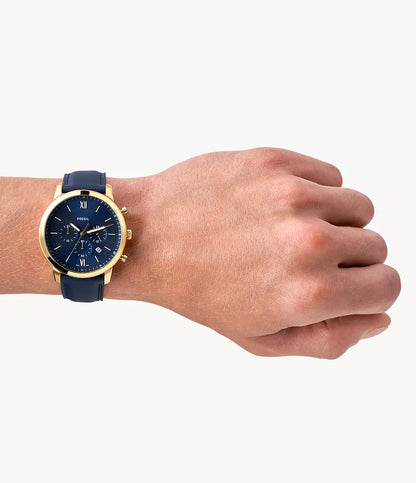 Fossil Neutra Chronograph Quartz Men’s Watch FS5790 – 44mm Blue Dial, Yellow Gold-Tone Bezel, Blue Leather Strap, Date Display, 30M Water Resistance