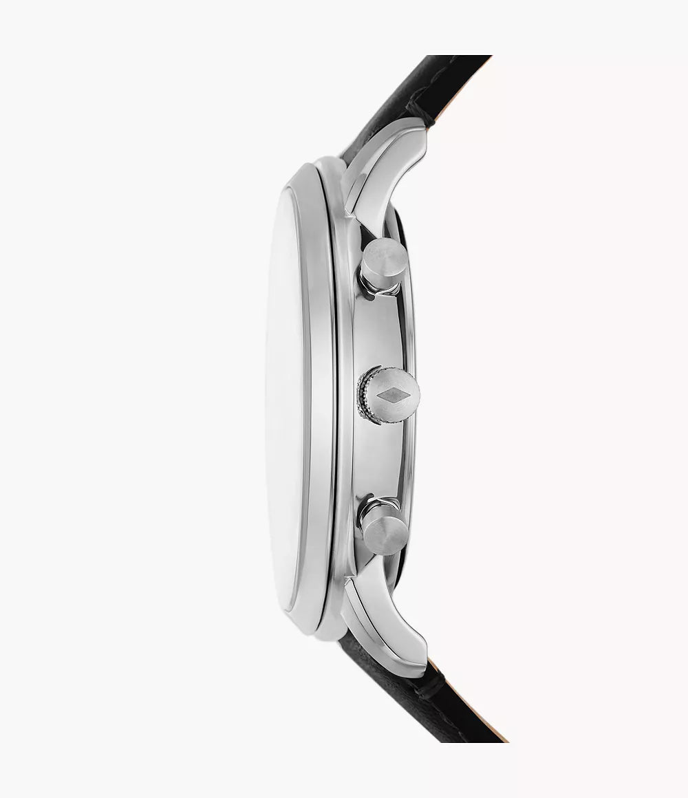 Fossil Neutra Chronograph Quartz Men’s Watch FS6023 – 44mm White Dial, Blue Hands, Black Leather Strap, Date Display, 50M Water Resistance