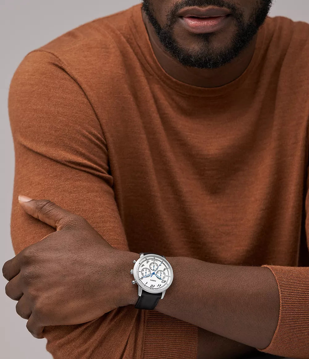 Fossil Neutra Chronograph Quartz Men’s Watch FS6023 – 44mm White Dial, Blue Hands, Black Leather Strap, Date Display, 50M Water Resistance