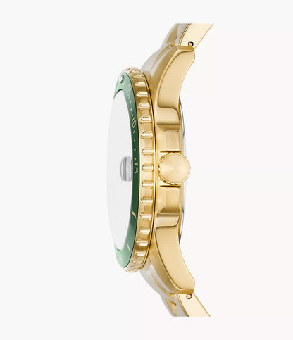 Fossil Blue Dive Quartz Men’s Watch FS6030 – 42mm Green Dial, Gold-Tone Stainless Steel Bracelet, Green Bezel, Date Display, 100M Water Resistance