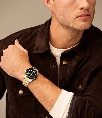 Fossil Blue Dive FS6031 – Men's Quartz Stainless Steel Watch, Black Dial, Two-Tone Bracelet, 42mm, 100M Water Resistance