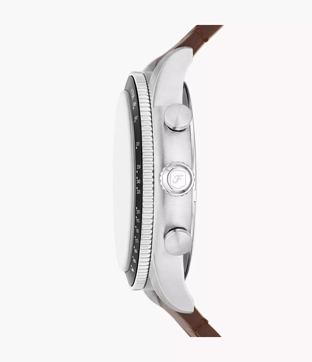 Fossil Sport Tourer FS6042 – Men's Chronograph Quartz Watch, White Dial, Brown Leather Strap, Black Tachymeter Bezel, 42mm, 50M Water Resistance