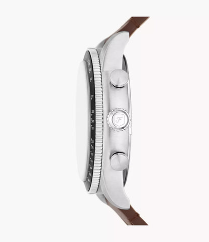 Fossil Sport Tourer FS6042 – Men's Chronograph Quartz Watch, White Dial, Brown Leather Strap, Black Tachymeter Bezel, 42mm, 50M Water Resistance