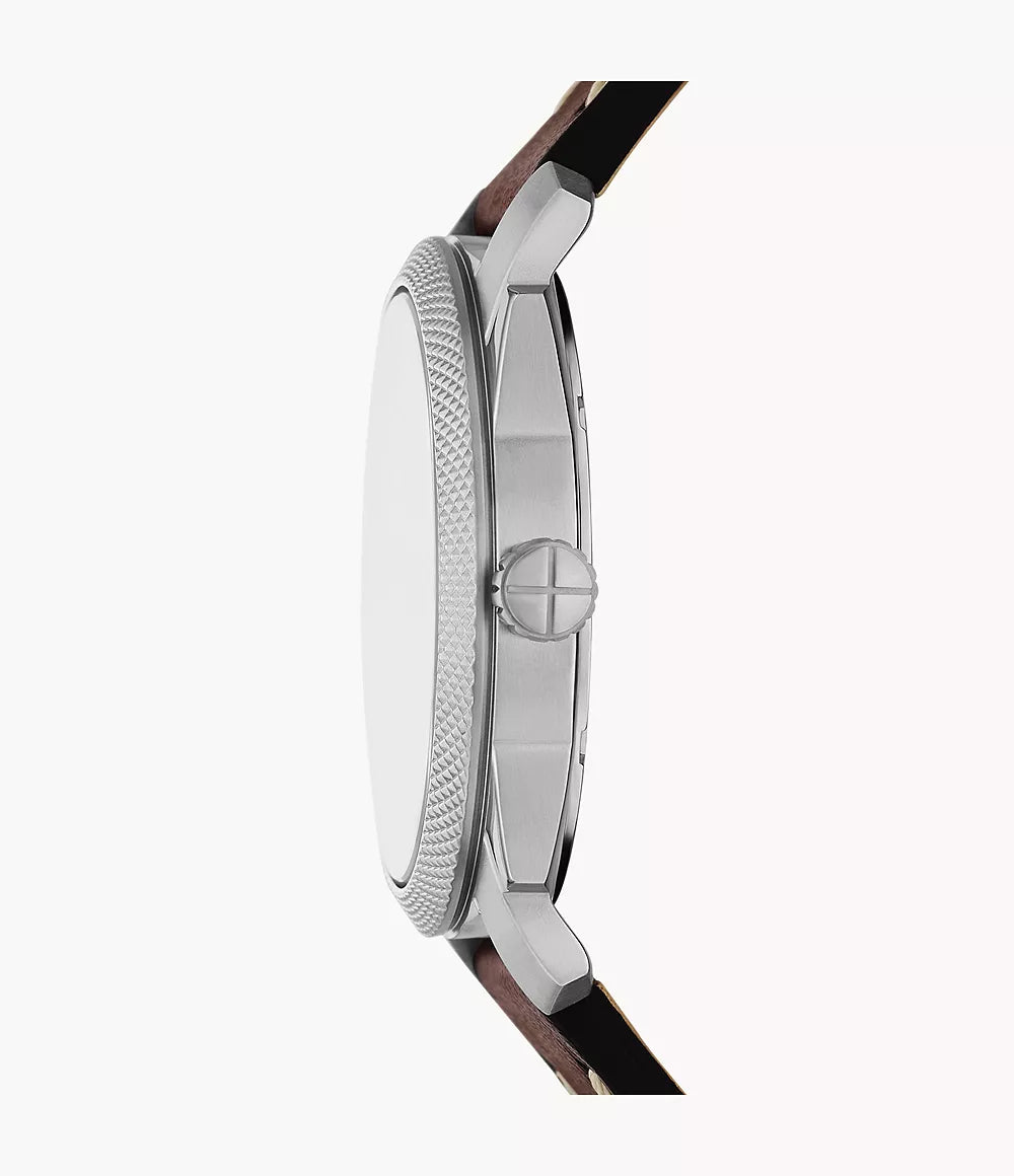 Fossil Machine Quartz Black Dial Ladies Watch FS6081SET – Silver-tone Stainless Steel with Brown Leather Strap & Bracelet Set