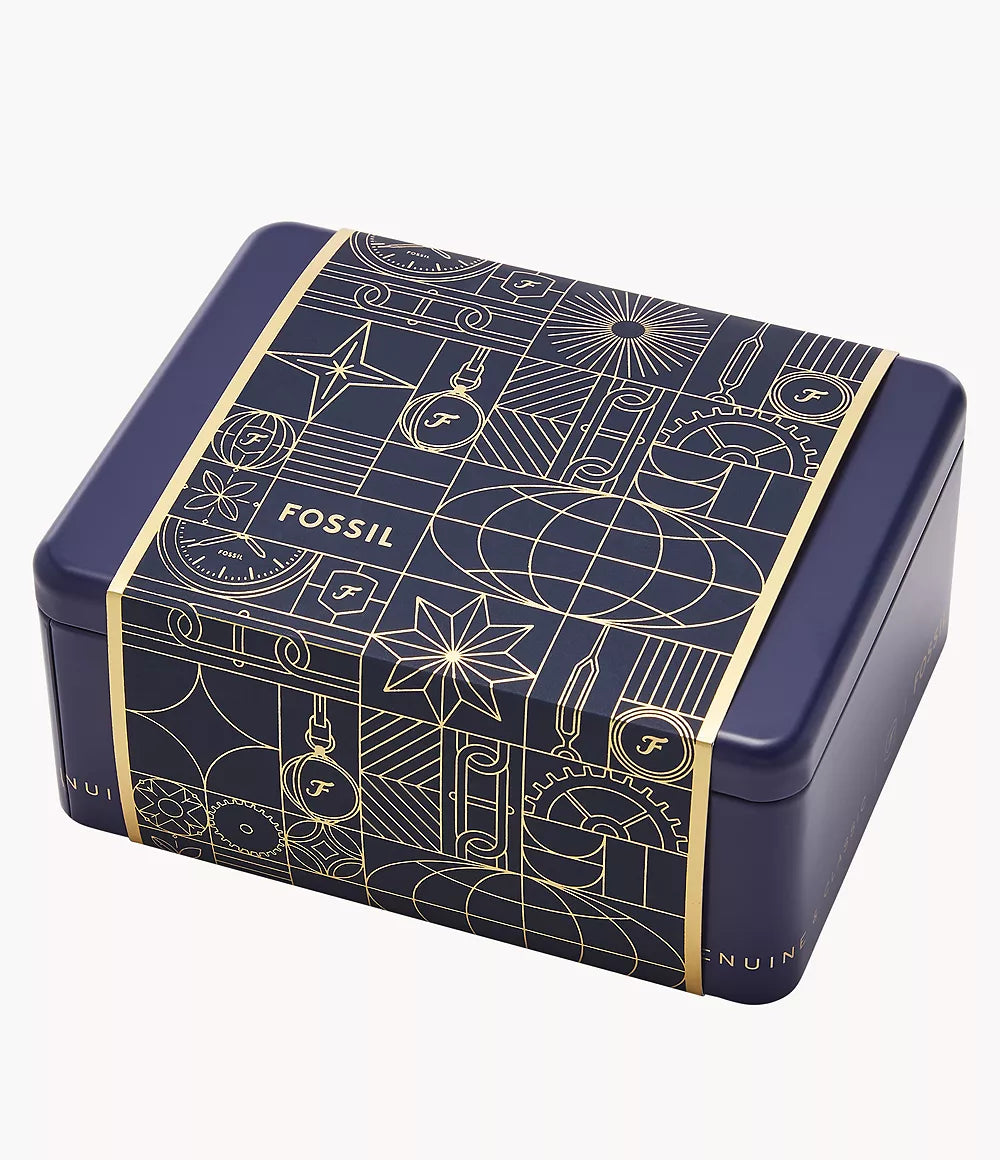 Fossil Machine Quartz Black Dial Ladies Watch FS6081SET – Silver-tone Stainless Steel with Brown Leather Strap & Bracelet Set