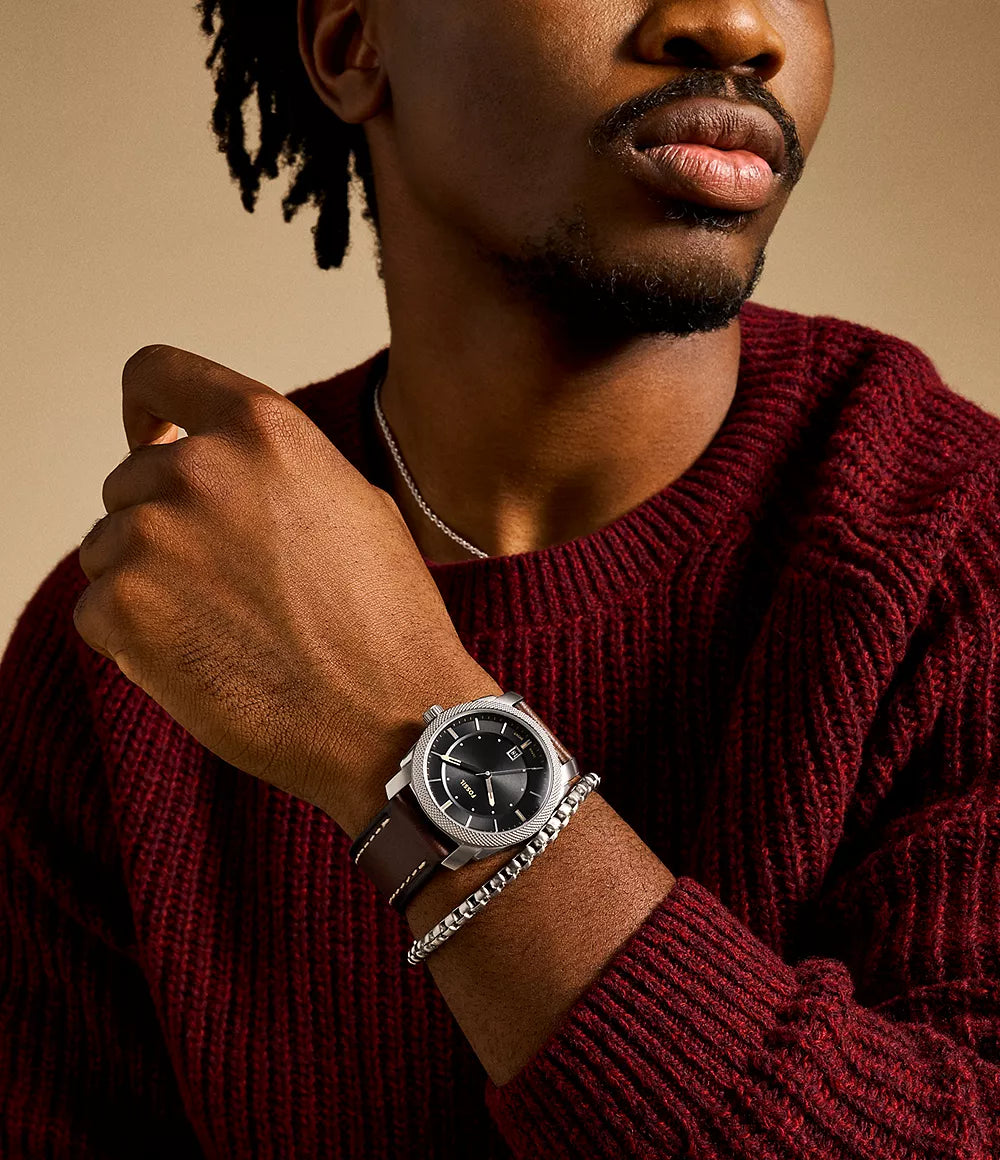 Fossil Machine Quartz Black Dial Ladies Watch FS6081SET – Silver-tone Stainless Steel with Brown Leather Strap & Bracelet Set