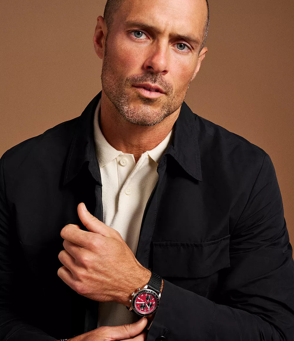 Fossil Sport Tourer Chronograph Quartz Men’s Watch FS6086 – 42mm Red Dial, Black Leather Strap, Tachymeter Bezel, 50M Water Resistance