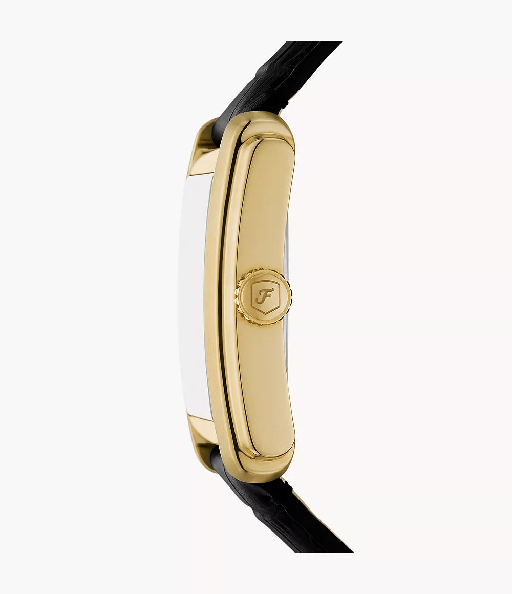 Fossil Carraway FS6091 – Unisex Quartz Watch, Black Dial, Gold-Tone Bezel, Black Leather Strap, Rectangle Case 30mm, 50M Water Resistance