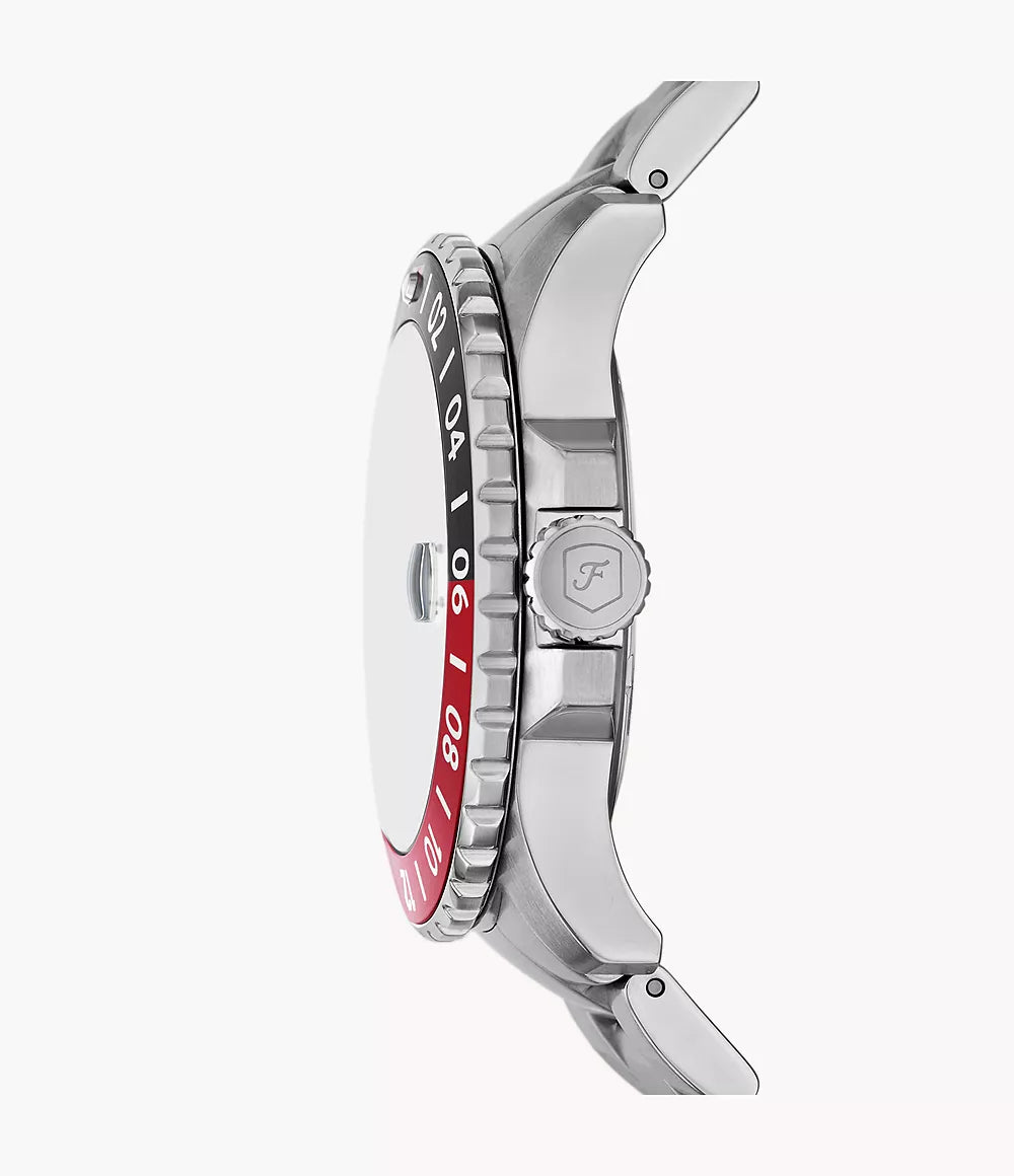 Fossil Blue GMT Quartz Men’s Watch FS6092 – 46mm Black Dial, Silver-Tone Stainless Steel Bracelet, Black & Red Bezel, Date Display, 100M Water Resistance