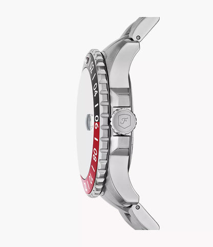 Fossil Blue GMT Quartz Men’s Watch FS6092 – 46mm Black Dial, Silver-Tone Stainless Steel Bracelet, Black & Red Bezel, Date Display, 100M Water Resistance