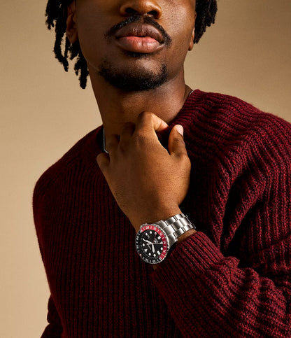 Fossil Blue GMT Quartz Men’s Watch FS6092 – 46mm Black Dial, Silver-Tone Stainless Steel Bracelet, Black & Red Bezel, Date Display, 100M Water Resistance