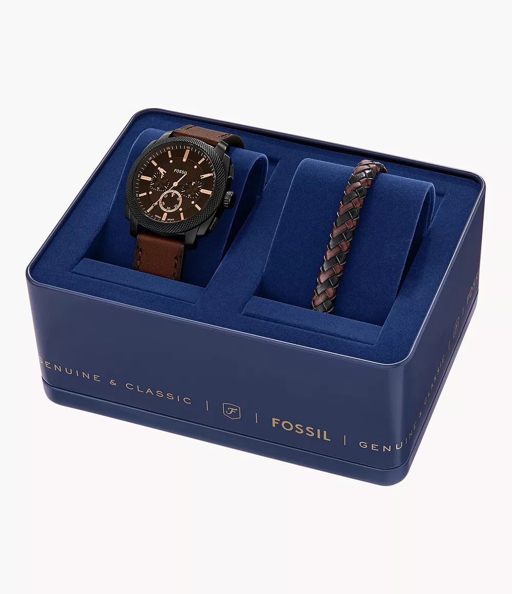 Fossil Machine Chronograph Quartz Men’s Watch FS6102SET – Brown Dial, Brown Leather Strap & Matching Black/Brown Braided Bracelet Set