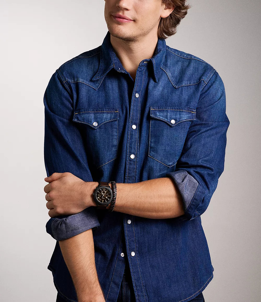 Fossil Machine Chronograph Quartz Men’s Watch FS6102SET – Brown Dial, Brown Leather Strap & Matching Black/Brown Braided Bracelet Set