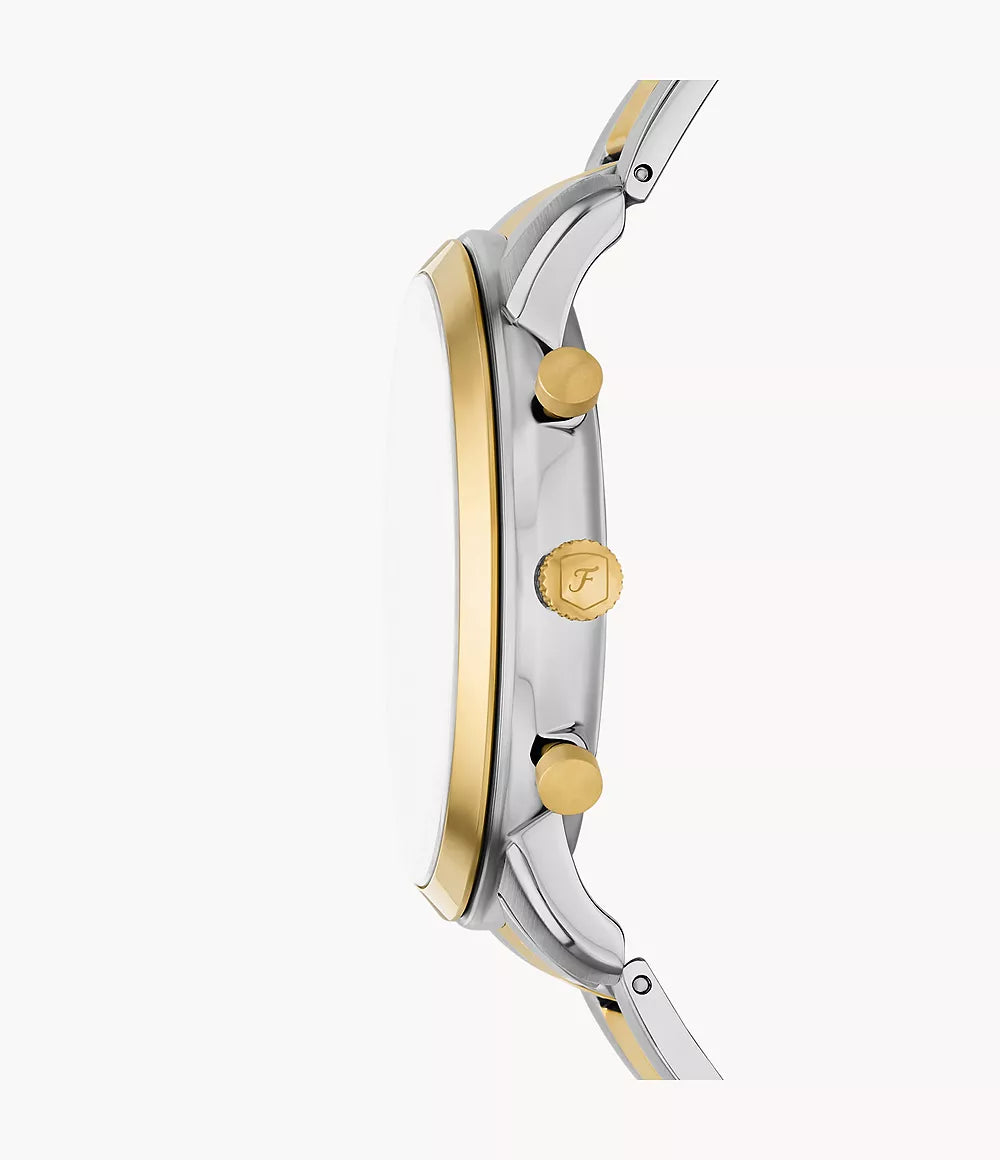 Fossil Neutra Chronograph Quartz Men’s Watch FS6112 – 44mm Silver-Tone Dial, Gold-Tone Bezel, Stainless Steel Bracelet, Date Display, 50M Water Resistance