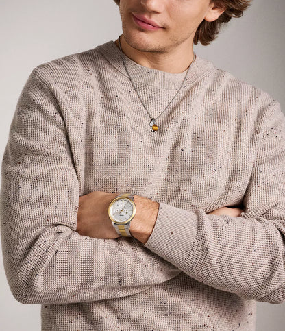 Fossil Neutra Chronograph Quartz Men’s Watch FS6112 – 44mm Silver-Tone Dial, Gold-Tone Bezel, Stainless Steel Bracelet, Date Display, 50M Water Resistance