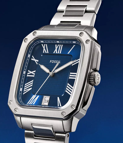 Fossil Crosby Quartz Men’s Watch FS6121 – 42mm Square Blue Dial, Silver-Tone Stainless Steel Bracelet, Date Display, 50M Water Resistance