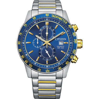 Citizen AN3684-59L Chronograph Quartz Men’s Watch – 44mm Blue Dial, Two-Tone Stainless Steel Bracelet, Gold-Plated Case, Date Display, 100M Water Resistance