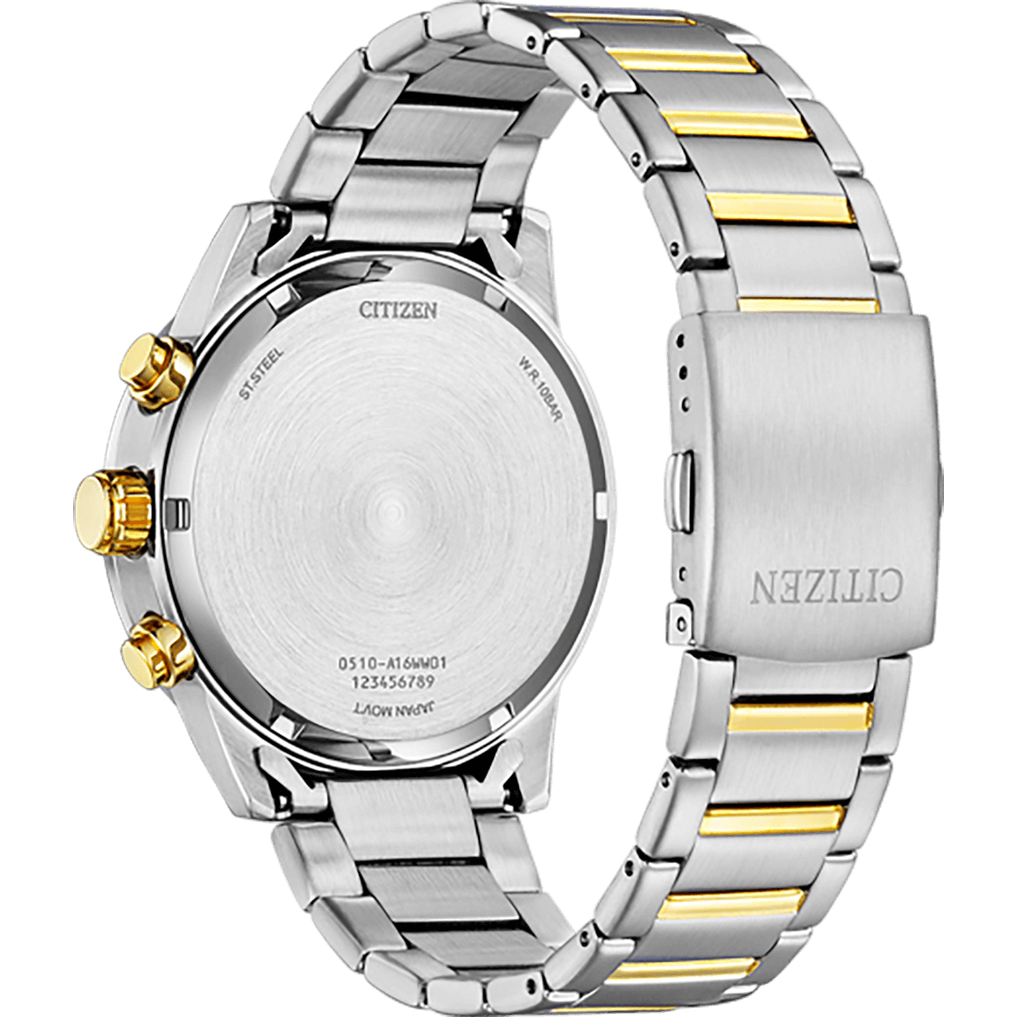 Citizen AN3684-59L Chronograph Quartz Men’s Watch – 44mm Blue Dial, Two-Tone Stainless Steel Bracelet, Gold-Plated Case, Date Display, 100M Water Resistance