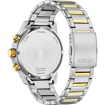 Citizen AN3684-59L Chronograph Quartz Men’s Watch – 44mm Blue Dial, Two-Tone Stainless Steel Bracelet, Gold-Plated Case, Date Display, 100M Water Resistance