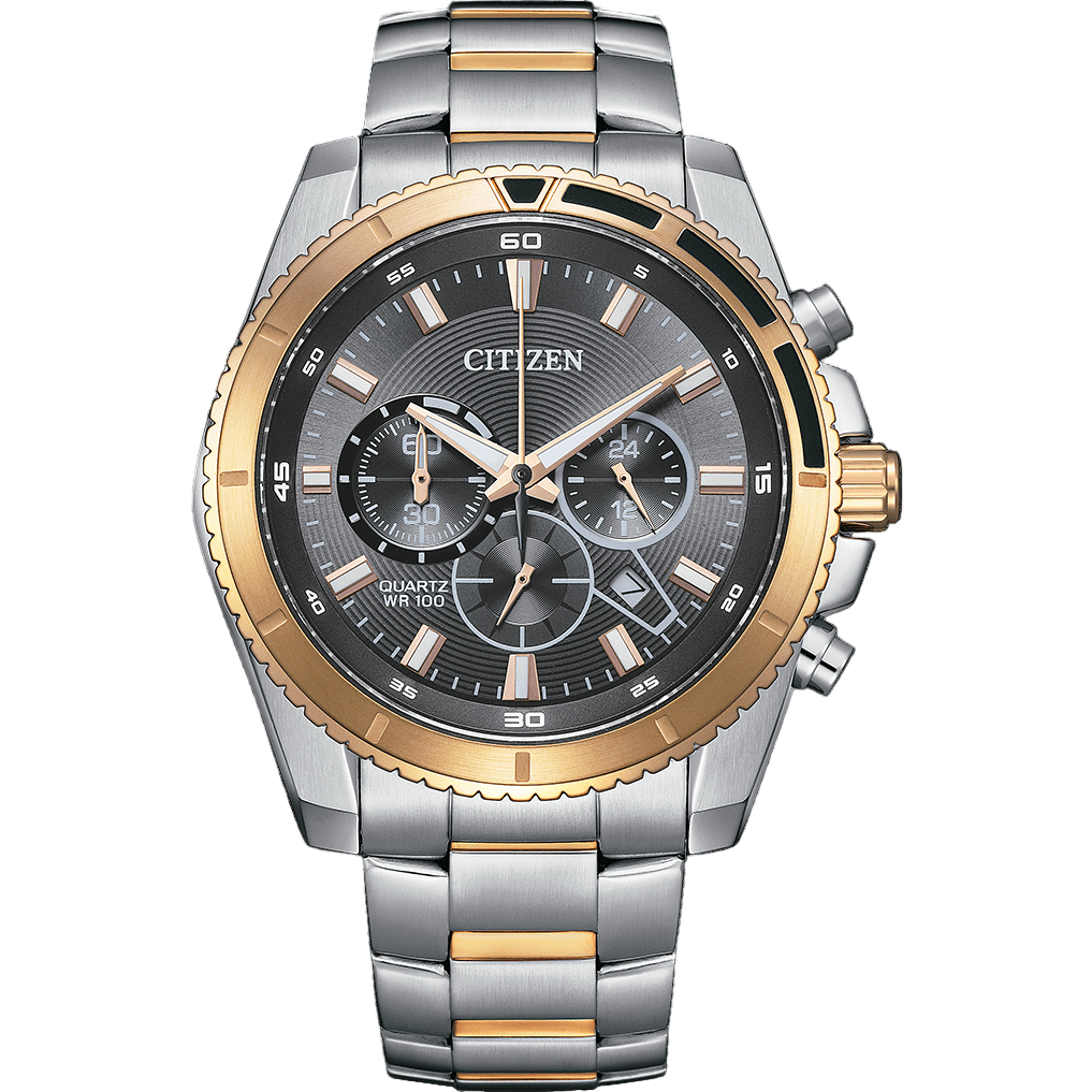 Citizen AN8204-59H Chronograph Quartz Grey Dial Two-Tone Stainless Steel Men’s Watch – 46.4mm, Rose Gold IP Bezel, Caliber 0520, 100M Water Resistant