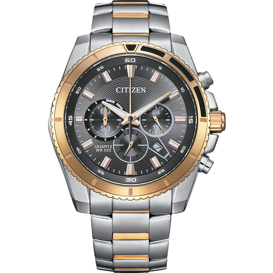 Citizen AN8204-59H Chronograph Quartz Grey Dial Two-Tone Stainless Steel Men’s Watch – 46.4mm, Rose Gold IP Bezel, Caliber 0520, 100M Water Resistant