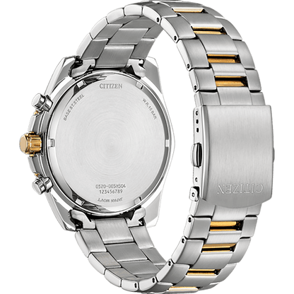 Citizen AN8204-59H Chronograph Quartz Grey Dial Two-Tone Stainless Steel Men’s Watch – 46.4mm, Rose Gold IP Bezel, Caliber 0520, 100M Water Resistant