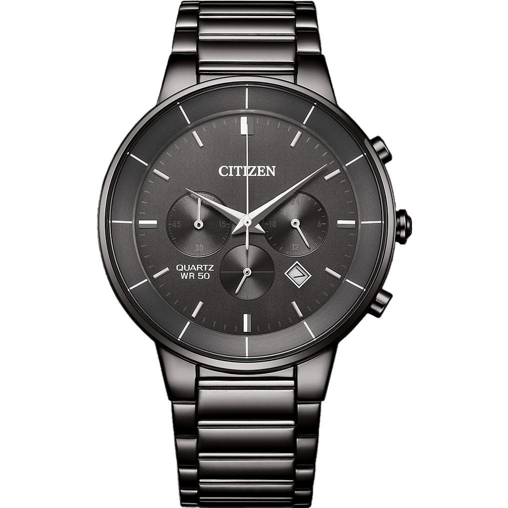 Citizen AN8227-53H Men’s Chronograph Watch – 42mm Gold-Plated Stainless Steel Case, Dark Grey Dial, Black Bracelet, Caliber 0520-C0A Quartz, 50M Water Resistant