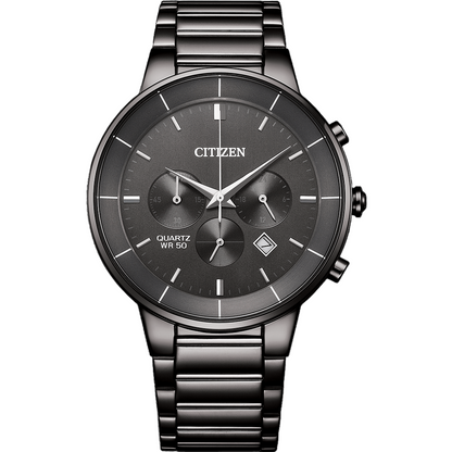 Citizen AN8227-53H Men’s Chronograph Watch – 42mm Gold-Plated Stainless Steel Case, Dark Grey Dial, Black Bracelet, Caliber 0520-C0A Quartz, 50M Water Resistant