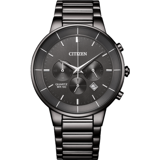 Citizen AN8227-53H Men’s Chronograph Watch – 42mm Gold-Plated Stainless Steel Case, Dark Grey Dial, Black Bracelet, Caliber 0520-C0A Quartz, 50M Water Resistant