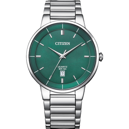 Citizen Quartz Green Dial Men’s Watch BI5120-51X – 40mm Stainless Steel Case & Bracelet, Date Display at 6 o’clock, 50M Water Resistance, Sport Style | Luxero Exclusive