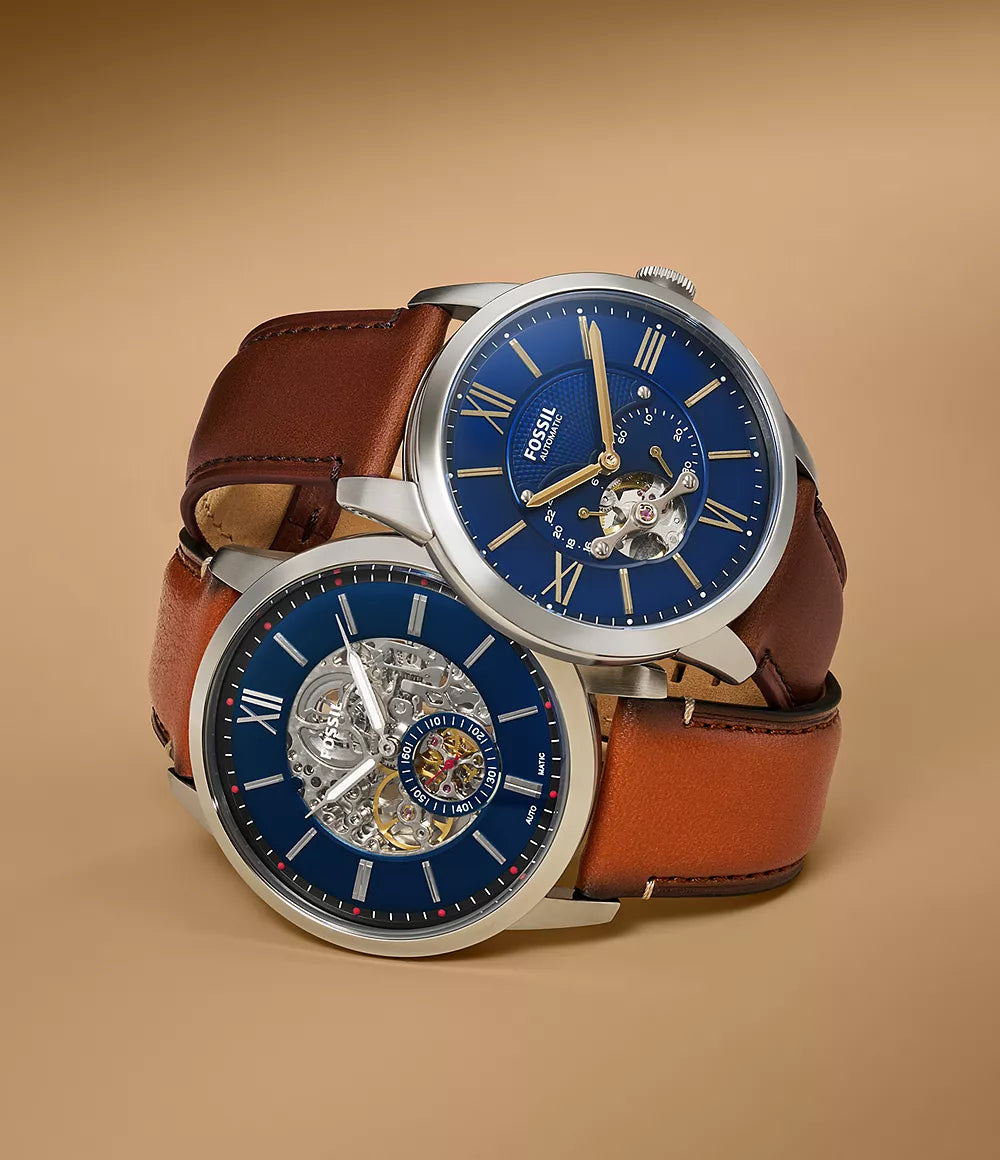 Fossil Townsman ME3110 – Men's Automatic Watch, Blue Satin Dial, Brown Leather Strap, 44mm