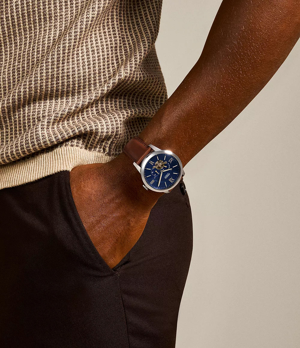Fossil Townsman ME3110 – Men's Automatic Watch, Blue Satin Dial, Brown Leather Strap, 44mm