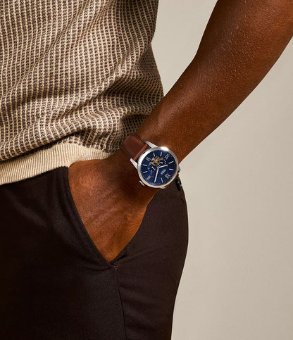Fossil Townsman ME3110 – Men's Automatic Watch, Blue Satin Dial, Brown Leather Strap, 44mm