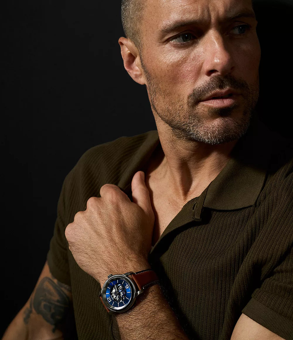 Fossil Heritage Automatic Men’s Watch ME3263 – 43mm Blue Dial, Brown Leather Strap, Sapphire Crystal, 50M Water Resistance