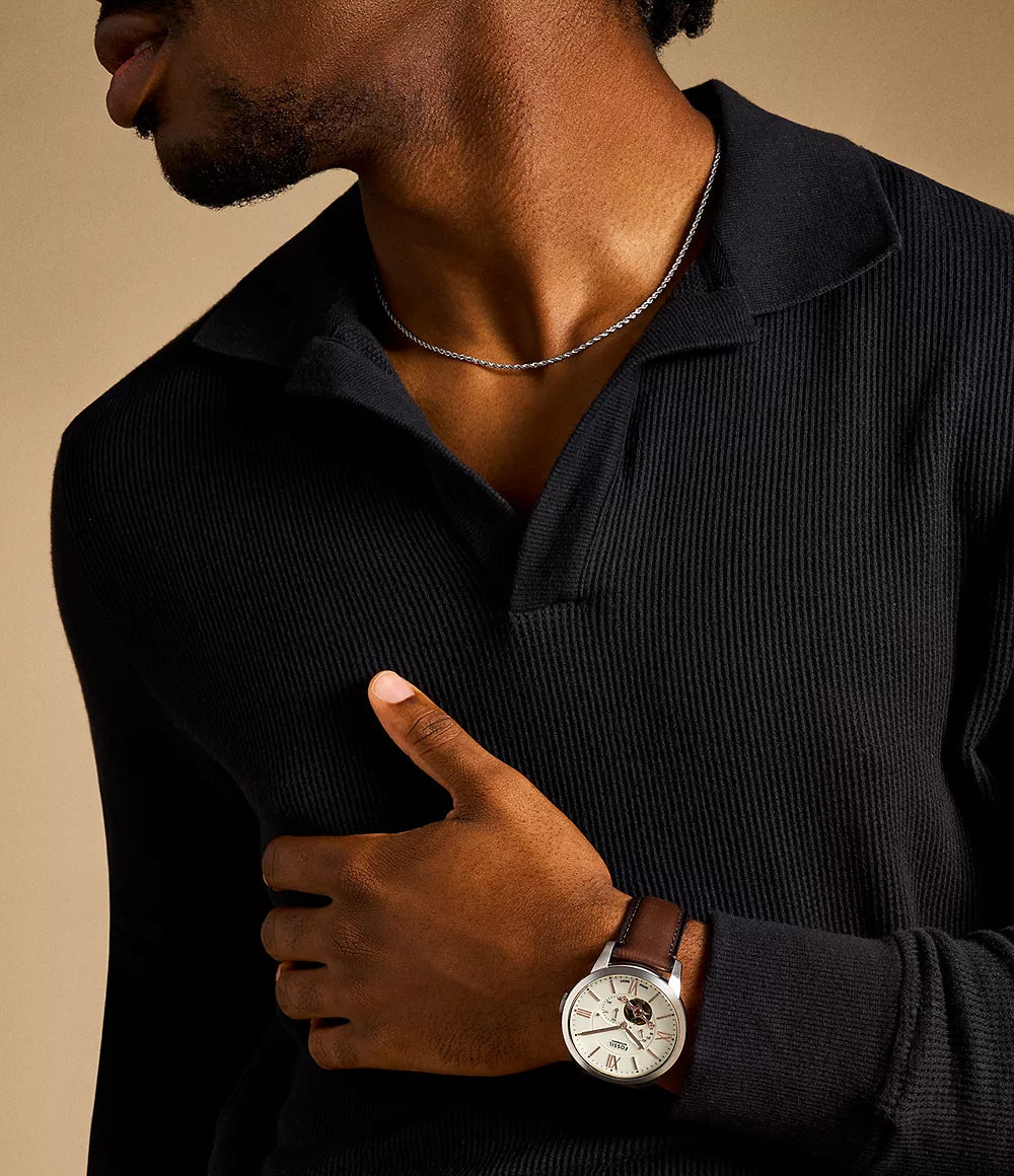 Fossil Townsman Automatic Men’s Watch ME3266 – 44mm Cream Dial, Brown Leather Strap, Rose Gold-Tone Hands, Transparent Case Back, 50M Water Resistance