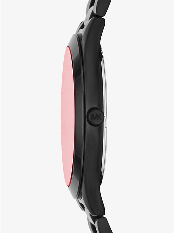 Michael Kors Slim Runway Quartz Men’s Watch MK8734 – 44mm Black Dial with Red Hands, Black-Plated Stainless Steel Bracelet, Sapphire Crystal, 50M Water Resistance