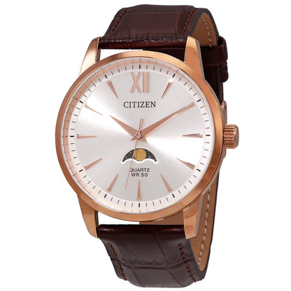 Citizen Quartz Moonphase Silver Dial Men’s Watch AK5003-05A – 42mm Rose Gold-Tone Stainless Steel Case, Brown Leather Strap, Moonphase Display, 50M Water Resistance | Luxero Exclusive