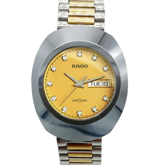 Rado R12391633 – Men's The Original Quartz Watch, 35mm Stainless Steel Case with Gold Dial, Two-Tone Silver & Gold PVD Bracelet, Day-Date Display, Scratch-Resistant Sapphire Crystal, 30M Water Resistance