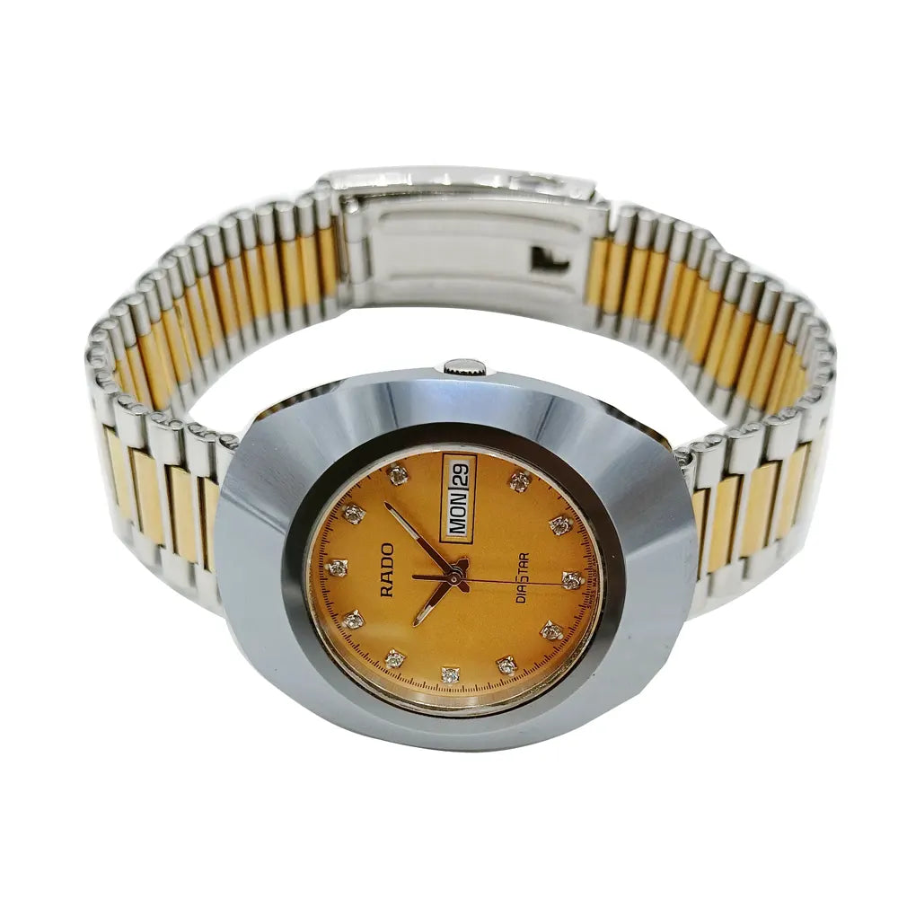 Rado R12391633 – Men's The Original Quartz Watch, 35mm Stainless Steel Case with Gold Dial, Two-Tone Silver & Gold PVD Bracelet, Day-Date Display, Scratch-Resistant Sapphire Crystal, 30M Water Resistance