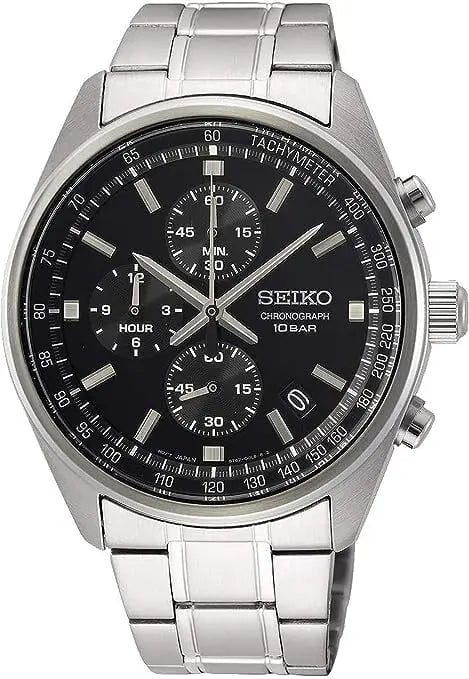 Seiko Chronograph SSB379 – Men's Quartz Stainless Steel Watch with Black Dial, Tachymeter & 100M Water Resistance