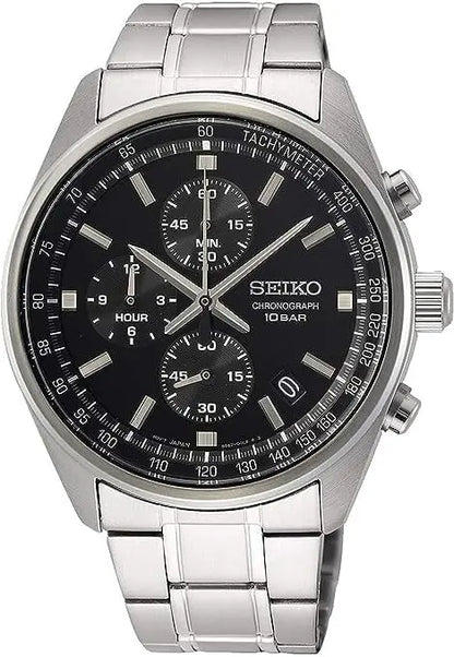 Seiko Chronograph SSB379 – Men's Quartz Stainless Steel Watch with Black Dial, Tachymeter & 100M Water Resistance