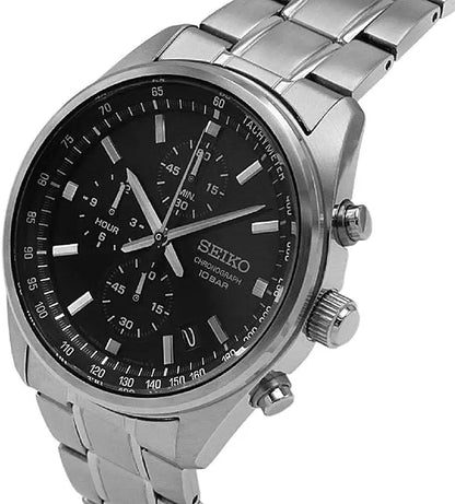 Seiko Chronograph SSB379 – Men's Quartz Stainless Steel Watch with Black Dial, Tachymeter & 100M Water Resistance