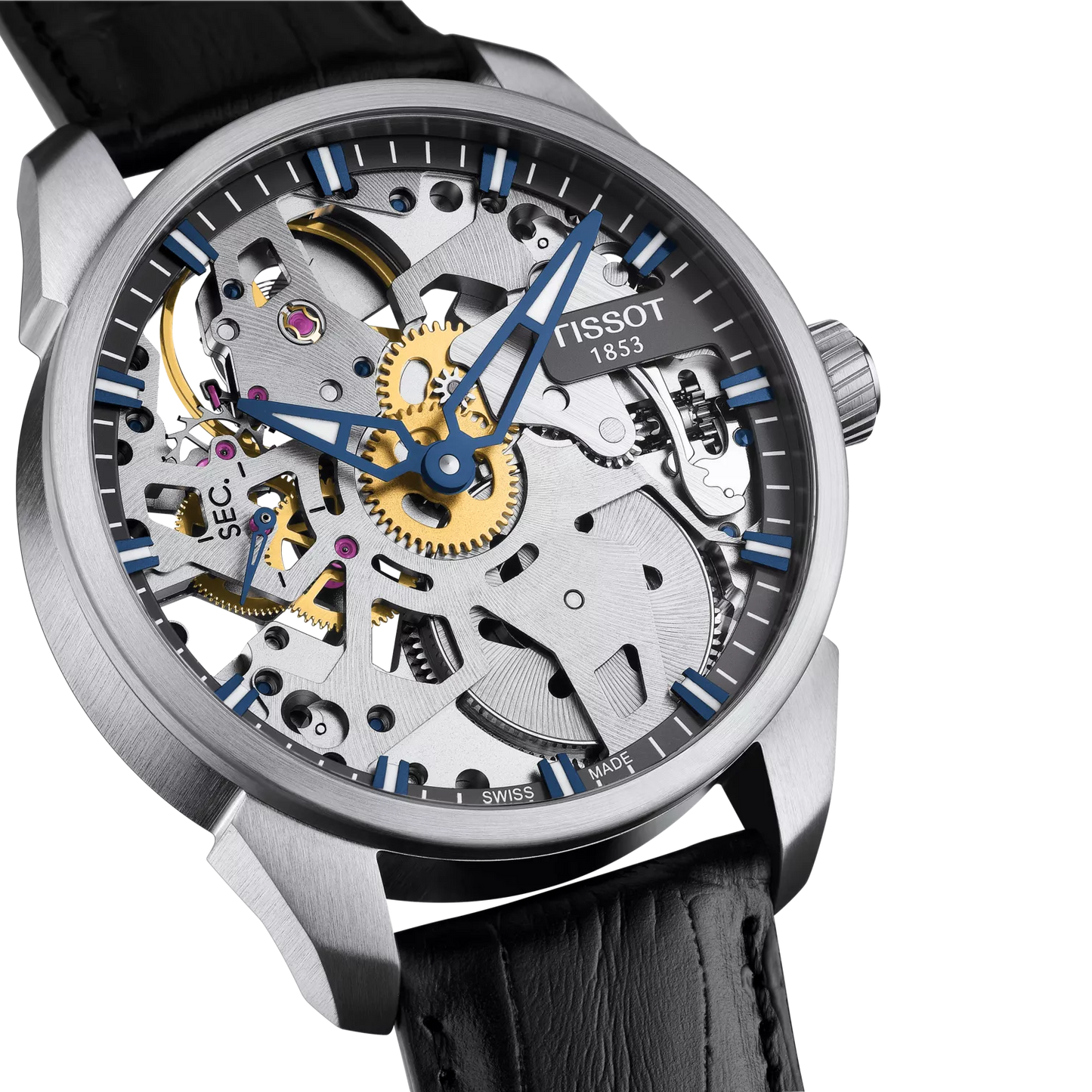 Tissot T-Complication Squelette Hand-Wound Skeleton Dial Transparent Case Back Stainless Steel Men's Watch T070.405.16.411.00