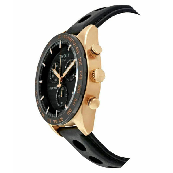 Tissot PRS 516 45mm Black Dial Rose Gold Bezel Leather Strap Automatic Chronograph Men’s Watch T925.427.46.051.01 | Luxero