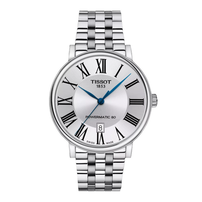 Tissot Carson Powermatic 80 Silver Dial Automatic Watch with Blue Hands and Steel Bracelet T122.407.11.033.00