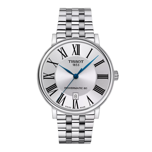 Tissot Carson Powermatic 80 Silver Dial Automatic Watch with Blue Hands and Steel Bracelet T122.407.11.033.00