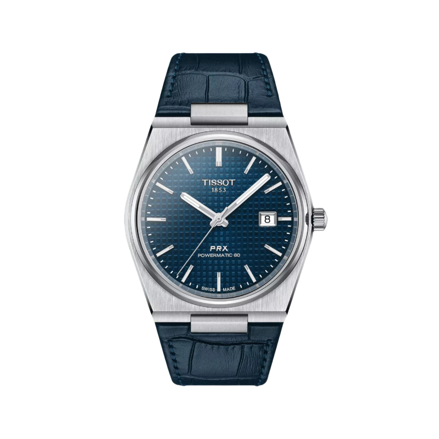 Tissot PRX Powermatic 80 Automatic Blue Dial Transparent Case Back Stainless Steel Tonneau Case Blue Leather Strap Men’s Watch T137.407.16.041.00